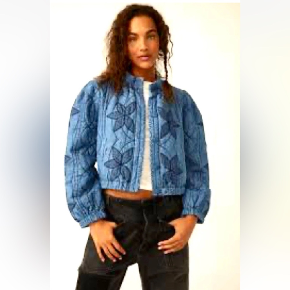 Free People Quinn Quilted Jacket Crop Boxy Star Appliqué Indigo Denim